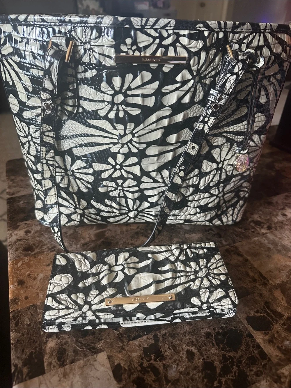 Brahmin Black & White Floral Tote Bag with Matching Wallet